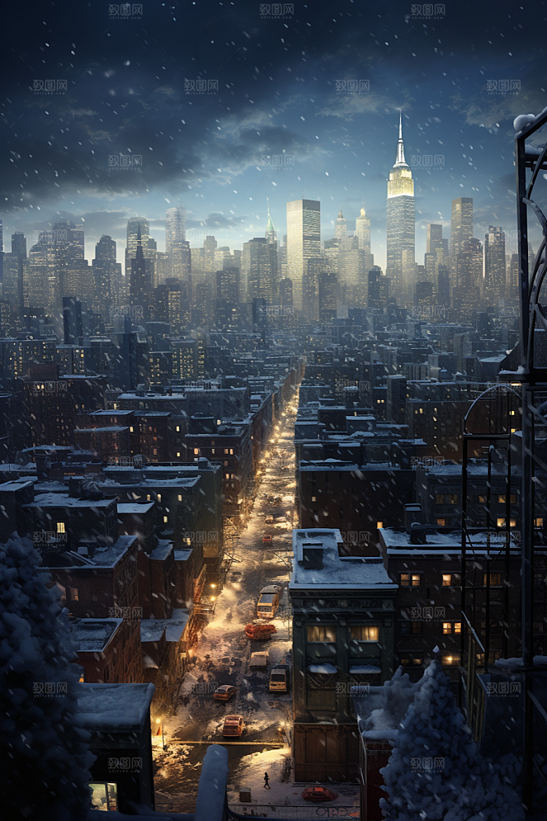城市雪景安静雪夜原画