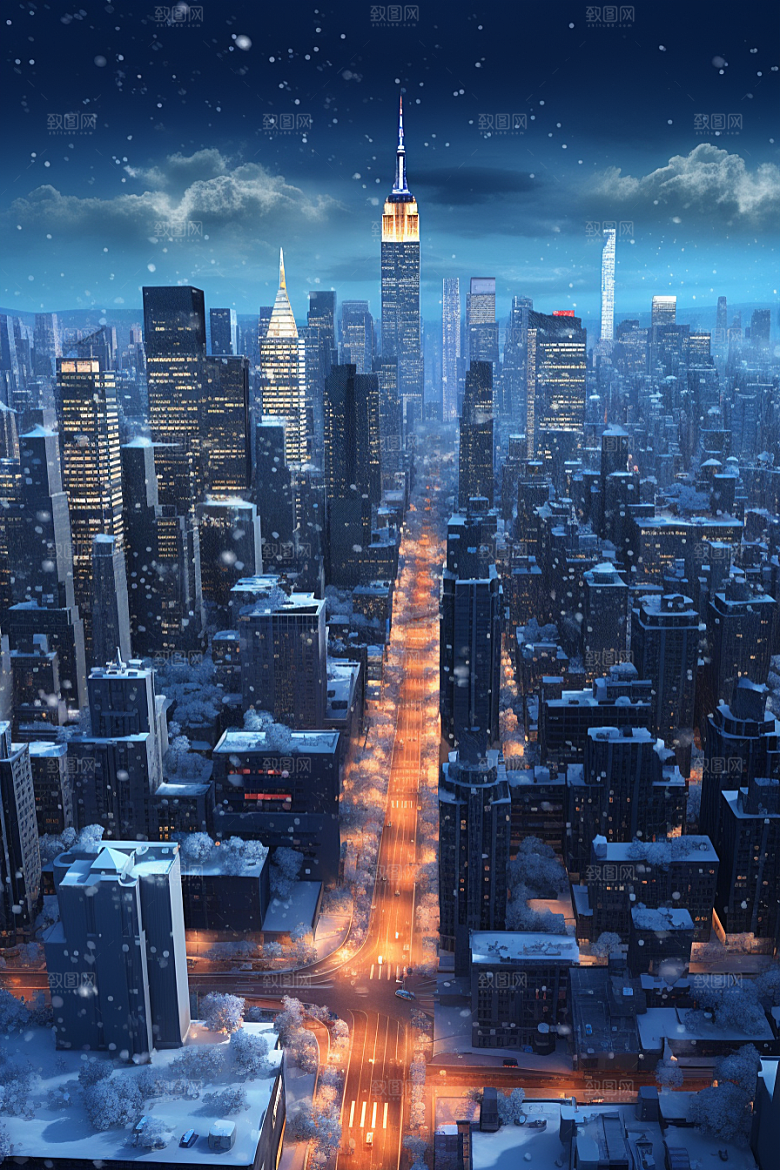 城市雪景雪夜下雪的都市原画