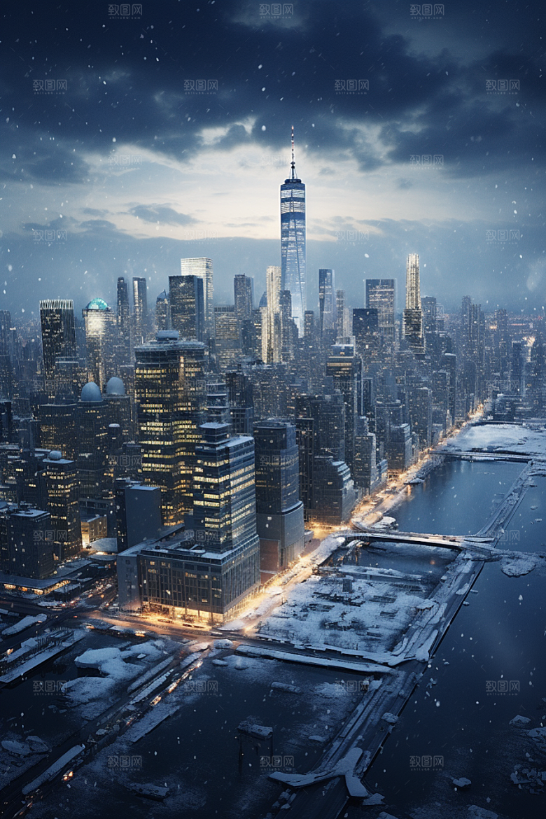 城市雪景静谧建筑原画
