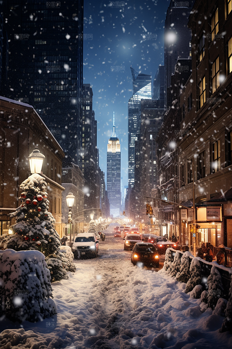 城市雪景雪夜城市街道原画
