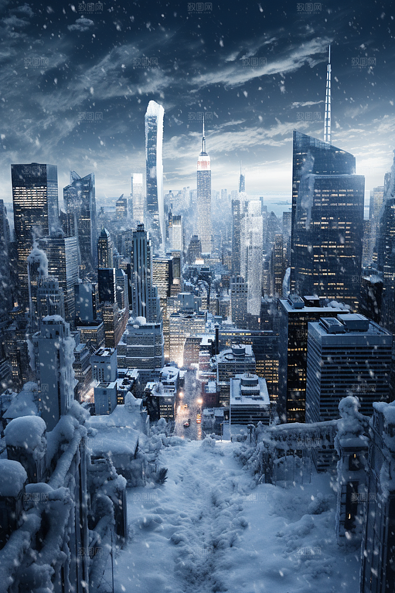 城市雪景城市街道雪夜原画