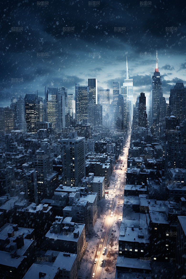 城市雪景雪夜静谧原画