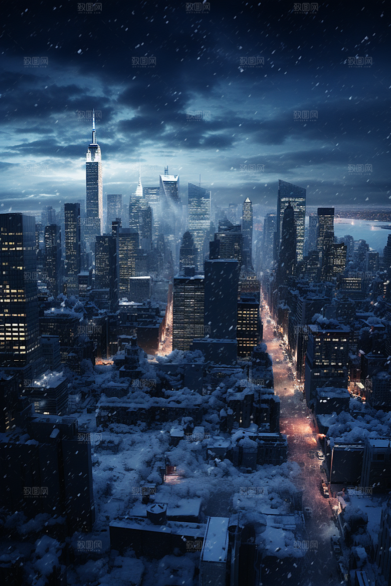 城市雪景雪夜静谧原画