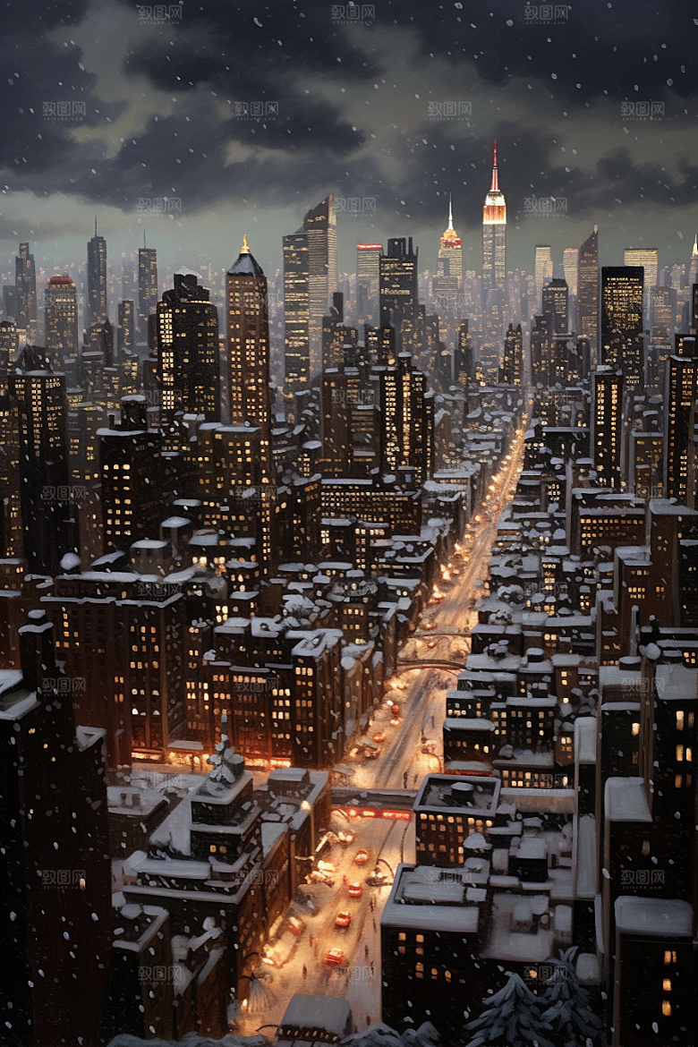 城市雪景城市街道雪夜原画
