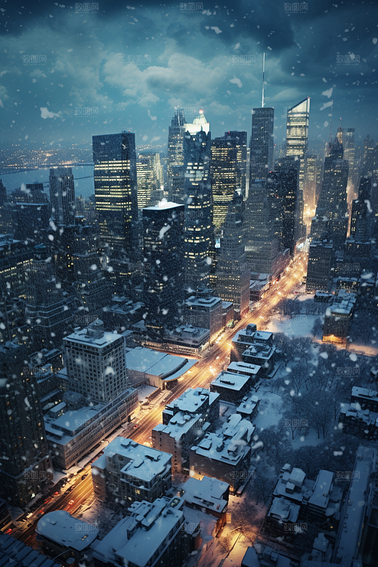 城市雪景城市街道建筑原画