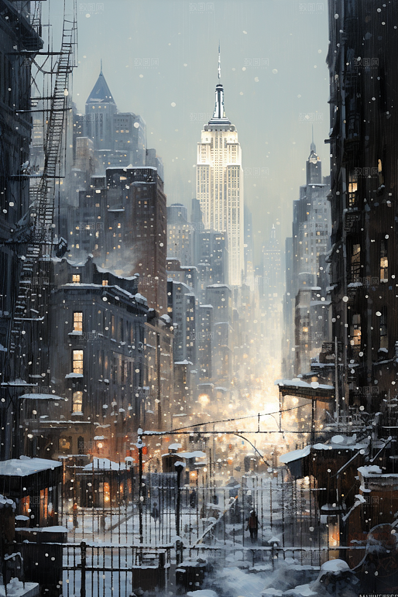 城市雪景建筑静谧原画
