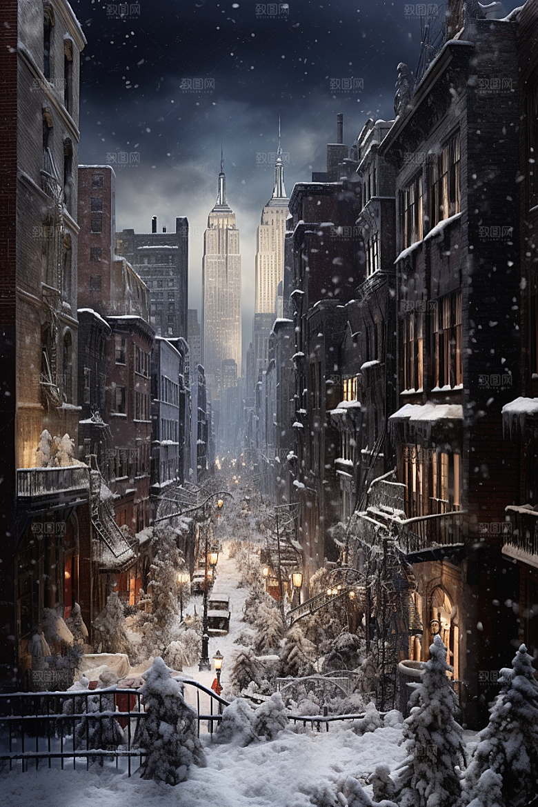 城市雪景城市街道下雪的都市原画