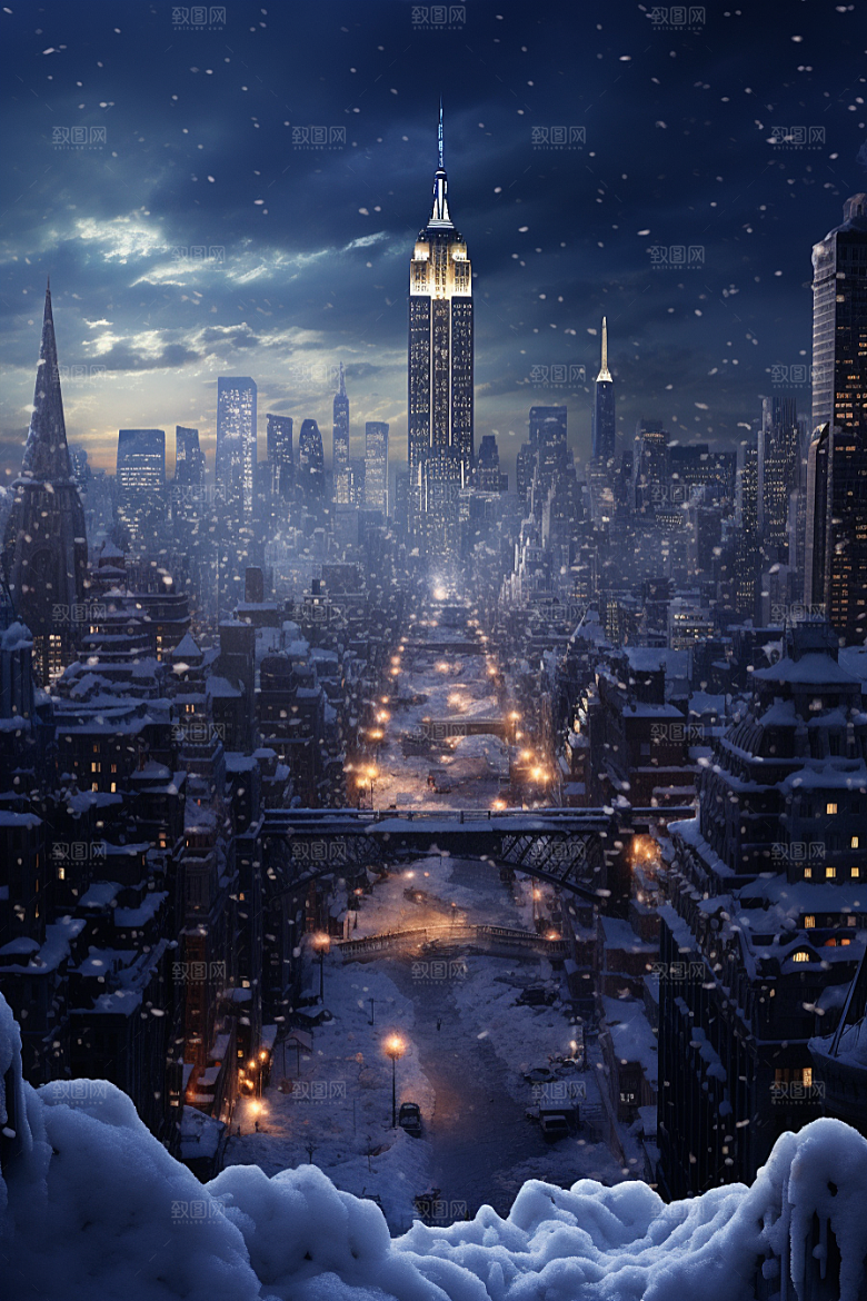 城市雪景城市街道静谧原画