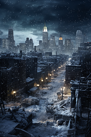 城市雪景下雪的都市建筑原画