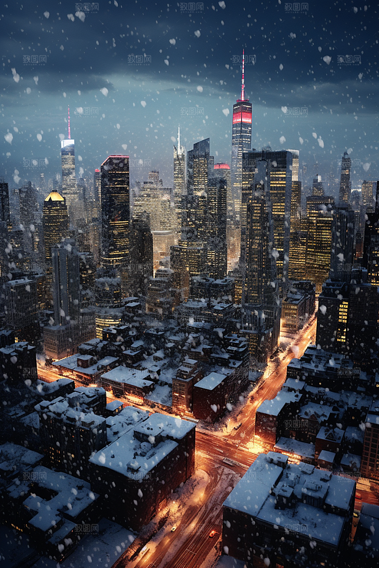 城市雪景城市街道雪夜原画