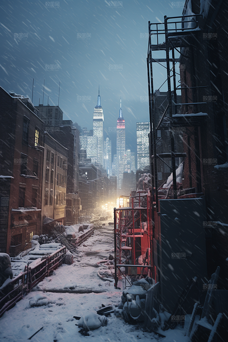 城市雪景城市街道静谧原画