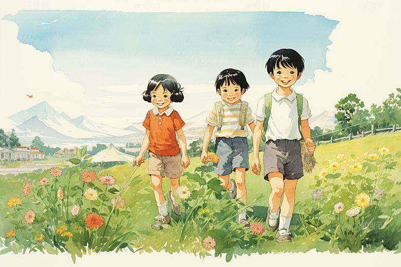 学生放暑假旅游结伴插画