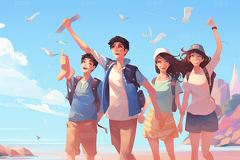 学生放暑假夏天结业插画