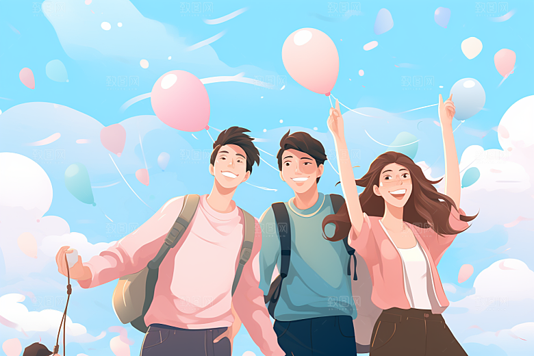 学生放暑假夏季出游插画