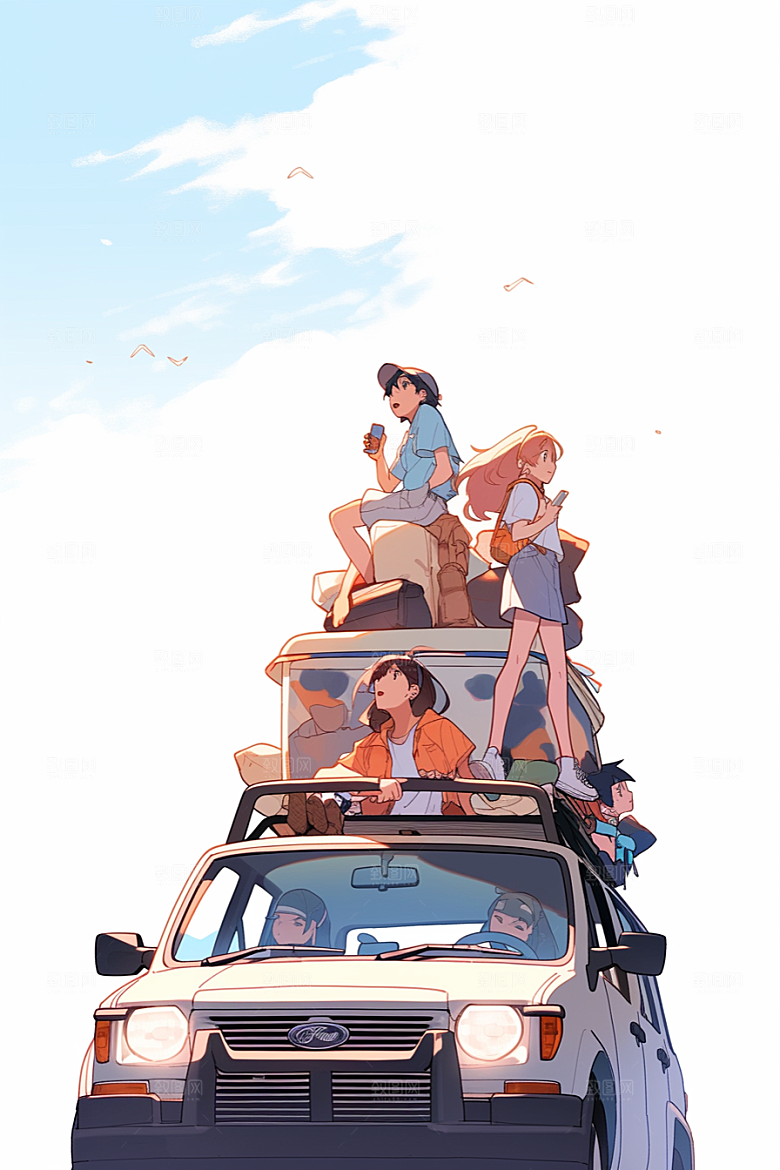 学生放暑假结伴夏天插画