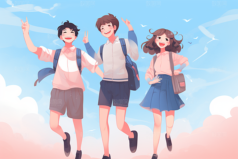 学生放暑假夏季出游插画