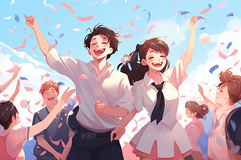 学生放暑假结业漫画风插画