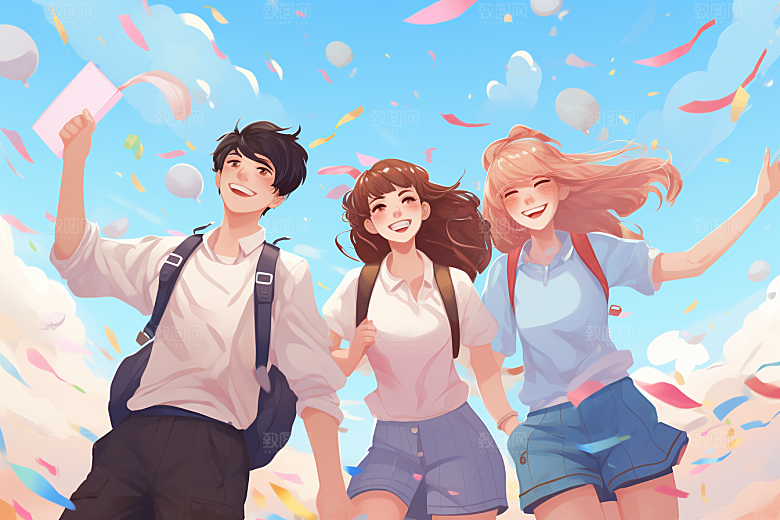 学生放暑假漫画风夏季插画
