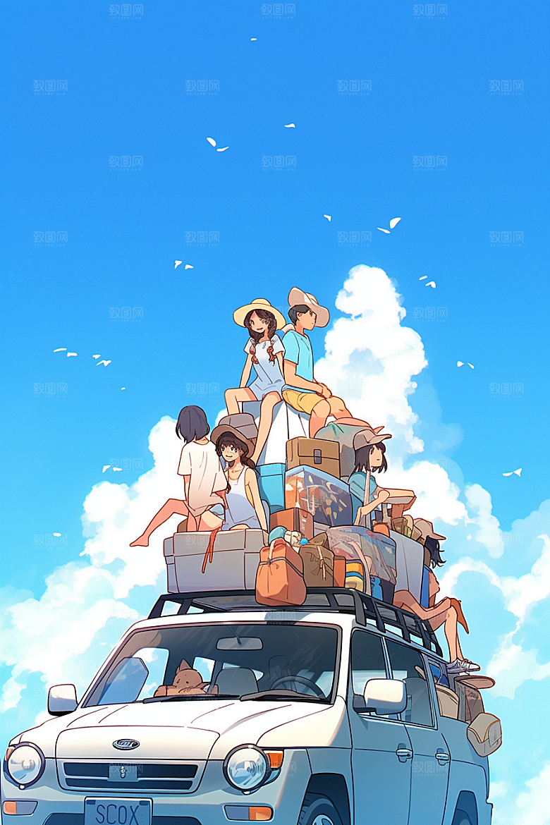 学生放暑假结业旅游插画