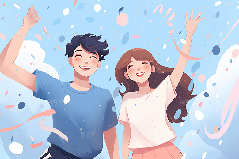学生放暑假放假了漫画风插画