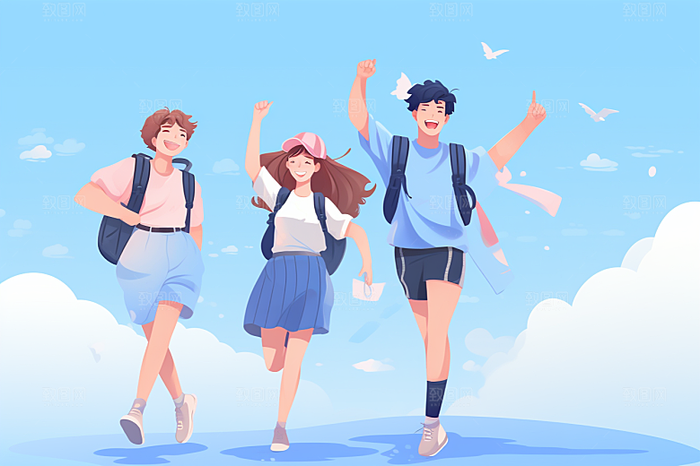学生放暑假放假了出游插画