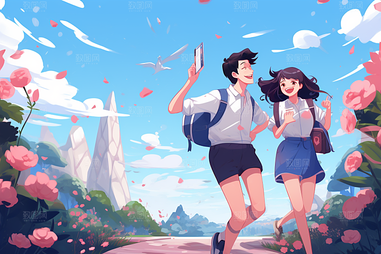 学生放暑假结伴夏天插画