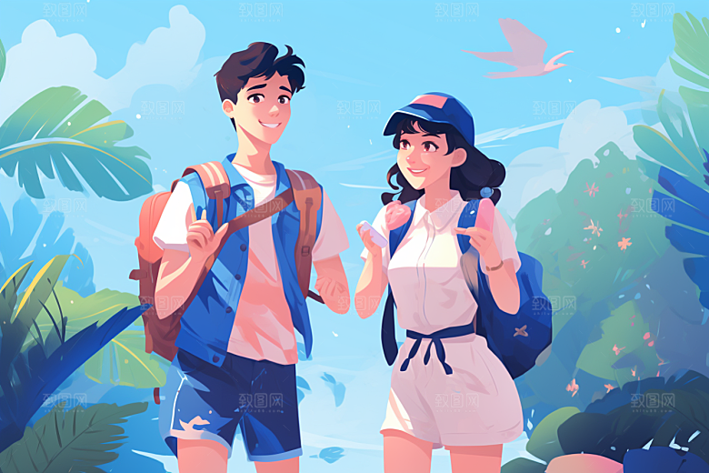 学生放暑假漫画风出游插画