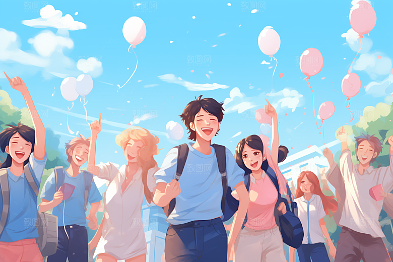 学生放暑假放假了旅游插画