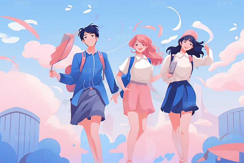 学生放暑假夏天旅游插画
