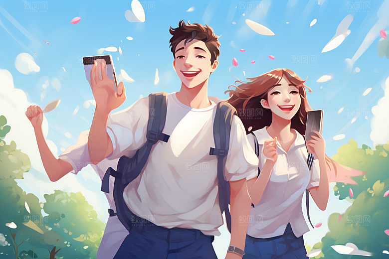学生放暑假夏天结业插画