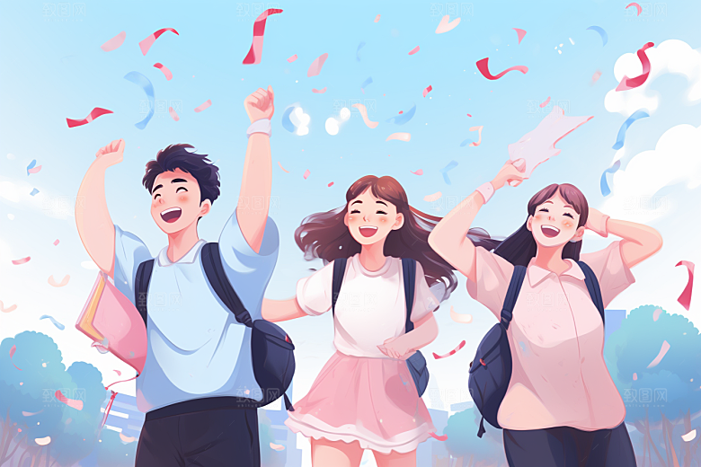 学生放暑假漫画风结业插画