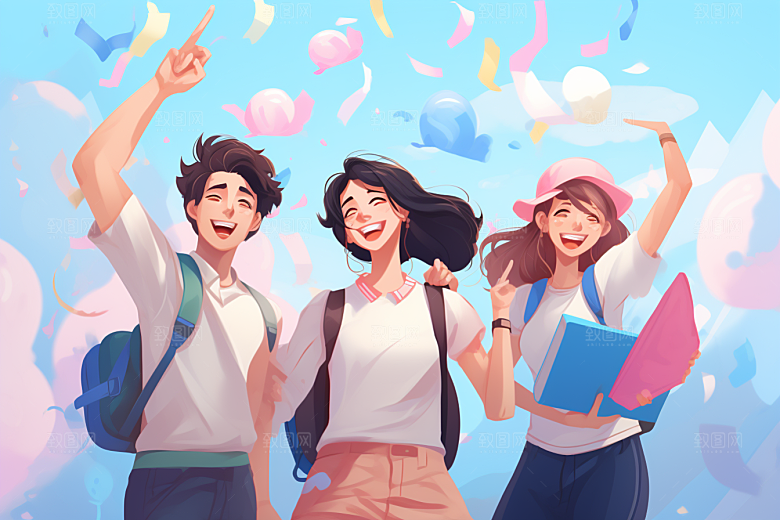 学生放暑假放假了快乐插画