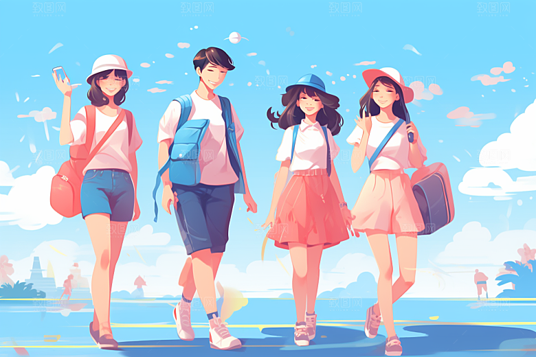 学生放暑假结业手绘插画