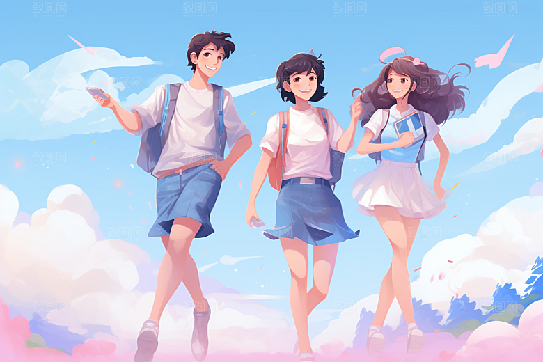 学生放暑假旅游漫画风插画