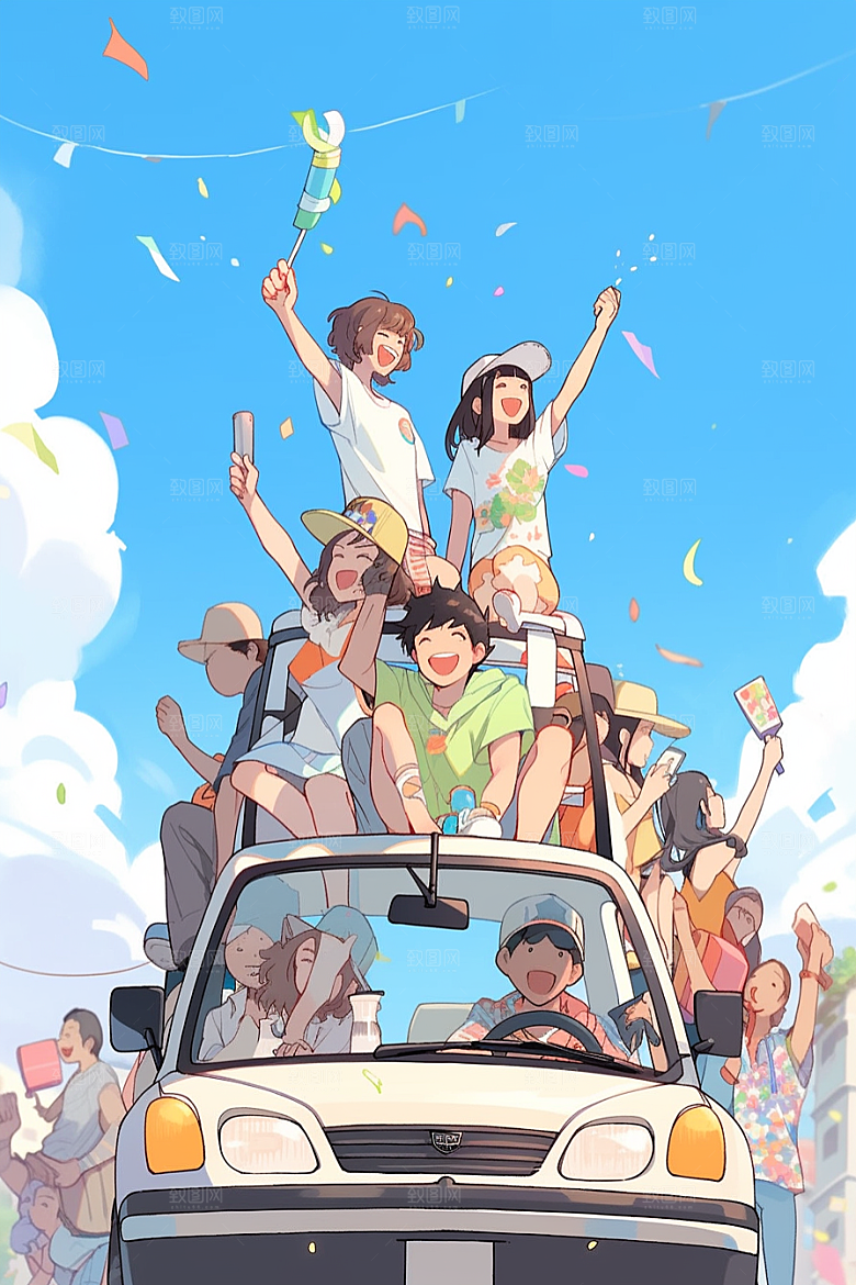 学生放暑假旅游结业插画