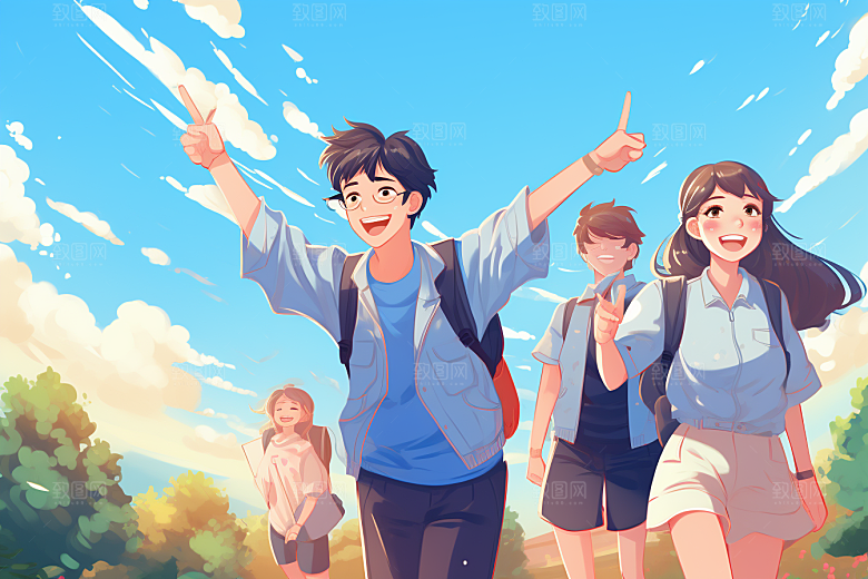 学生放暑假放假了结伴插画