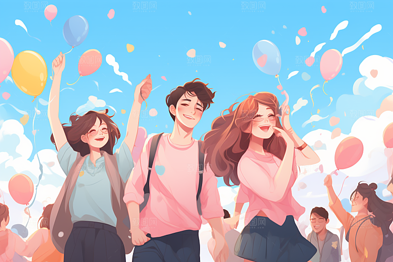 学生放暑假放假了漫画风插画