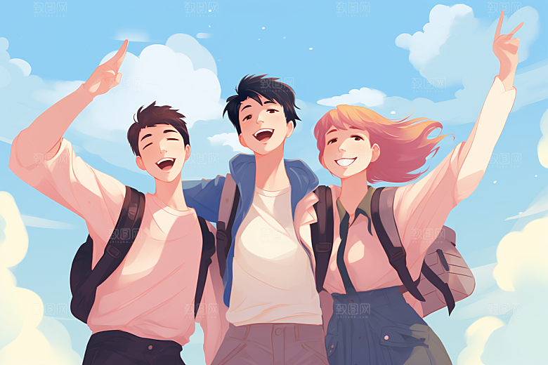 学生放暑假夏天漫画风插画