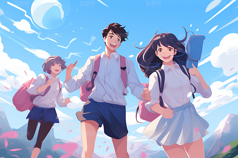 学生放暑假手绘漫画风插画