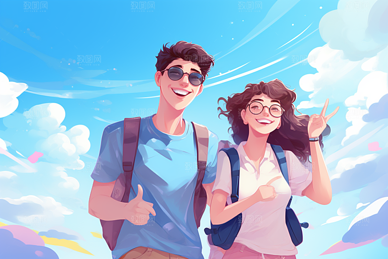学生放暑假夏季结伴插画