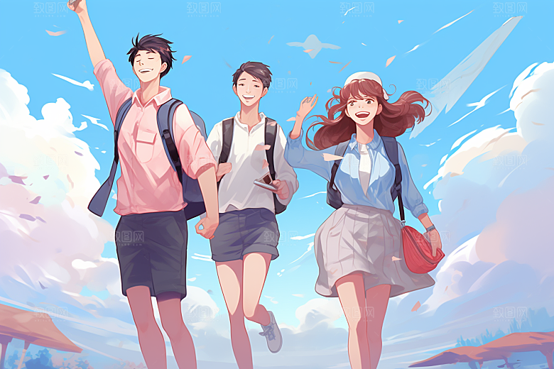 学生放暑假漫画风结伴插画