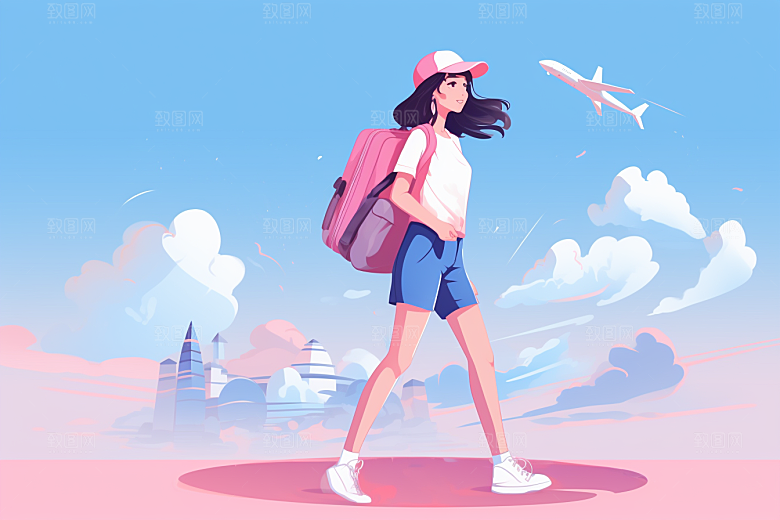 学生放暑假夏天出游插画