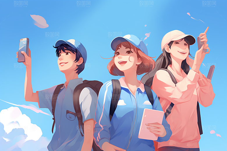 学生放暑假结伴毕业旅游插画
