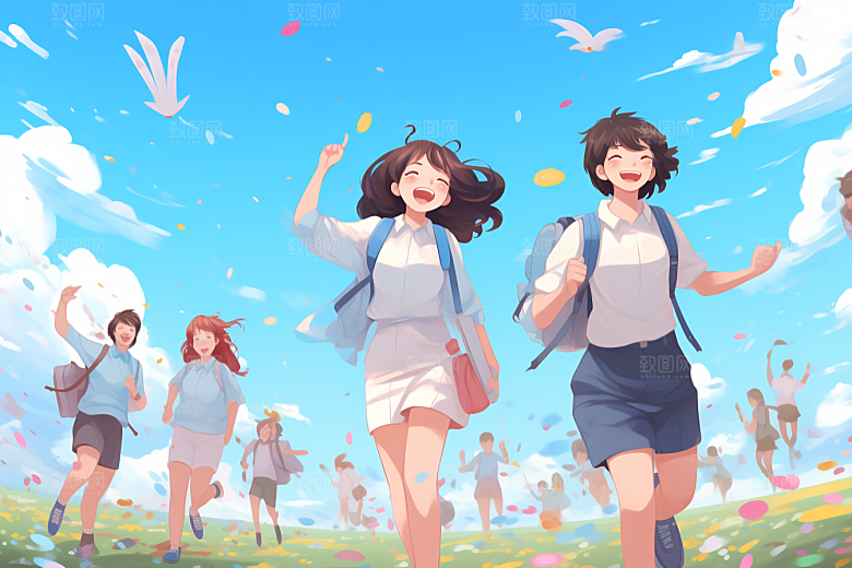 学生放暑假结伴夏天插画