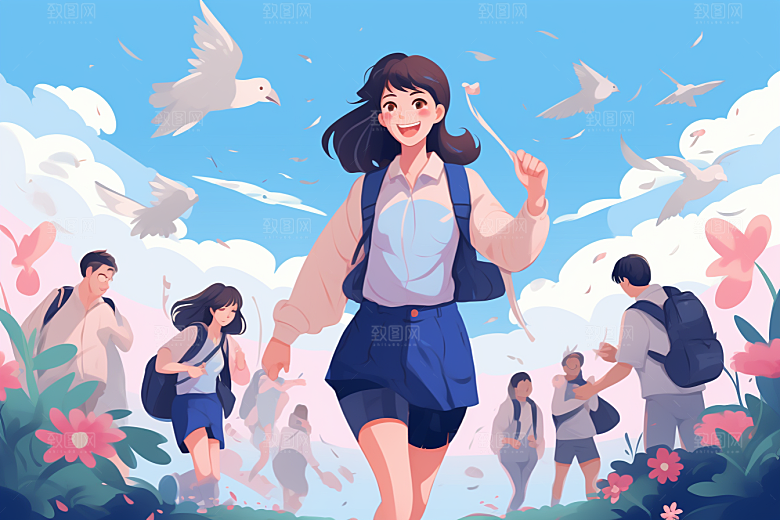 学生放暑假夏天漫画风插画