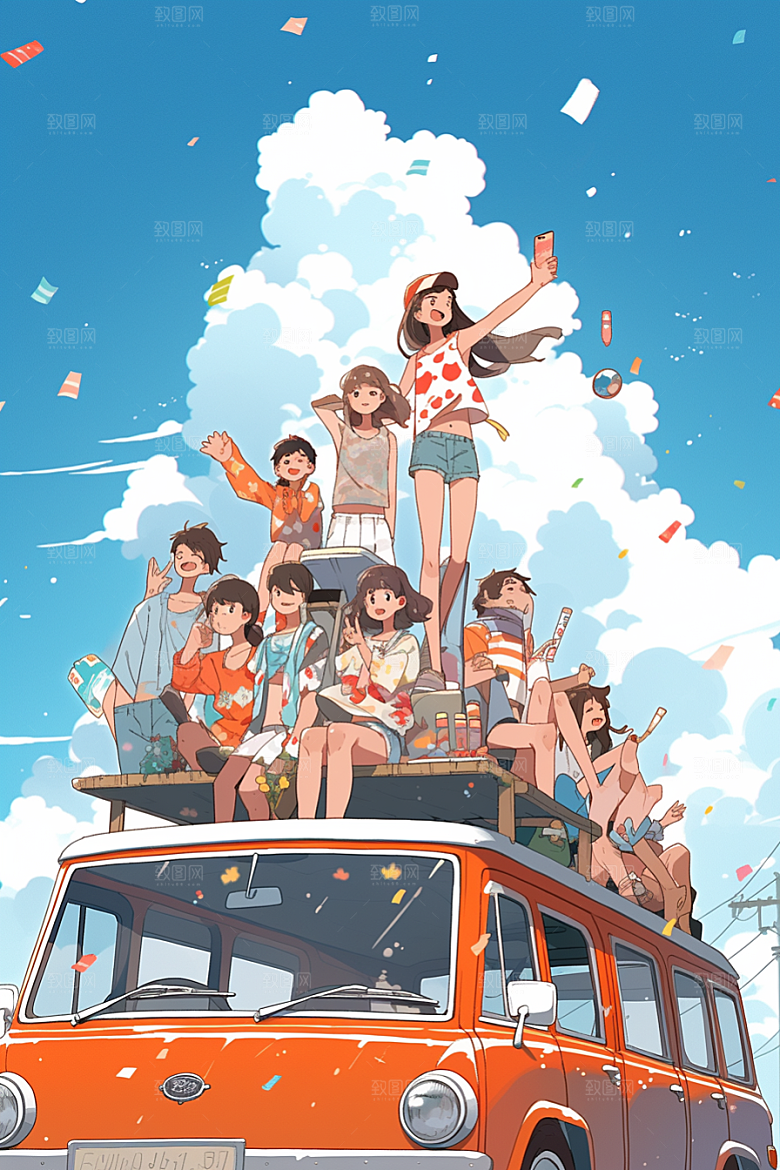 学生放暑假结伴漫画风插画