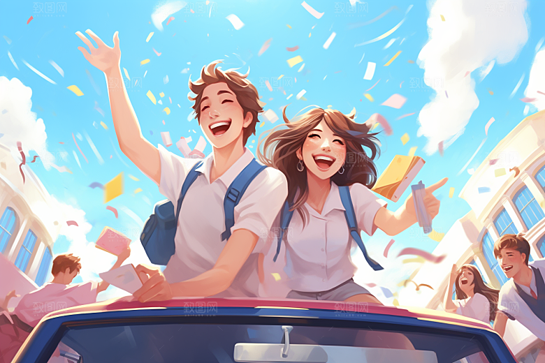 学生放暑假出游放假了插画