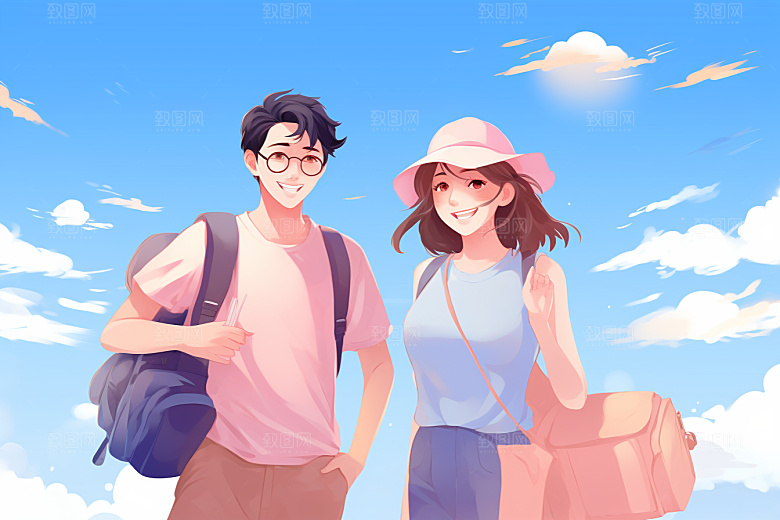 学生放暑假结伴手绘插画