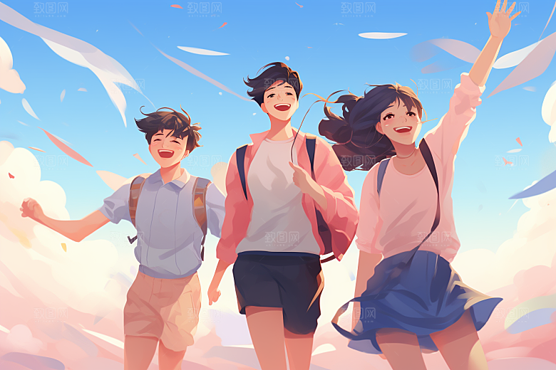 学生放暑假结伴夏天插画