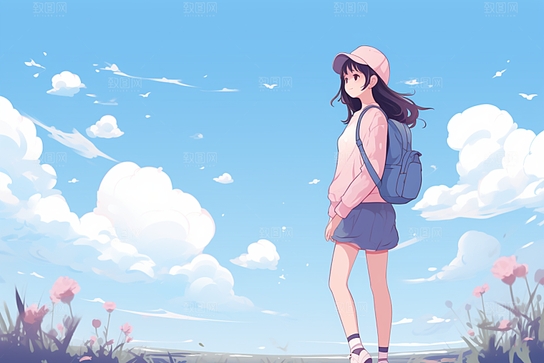 学生放暑假结业出游插画